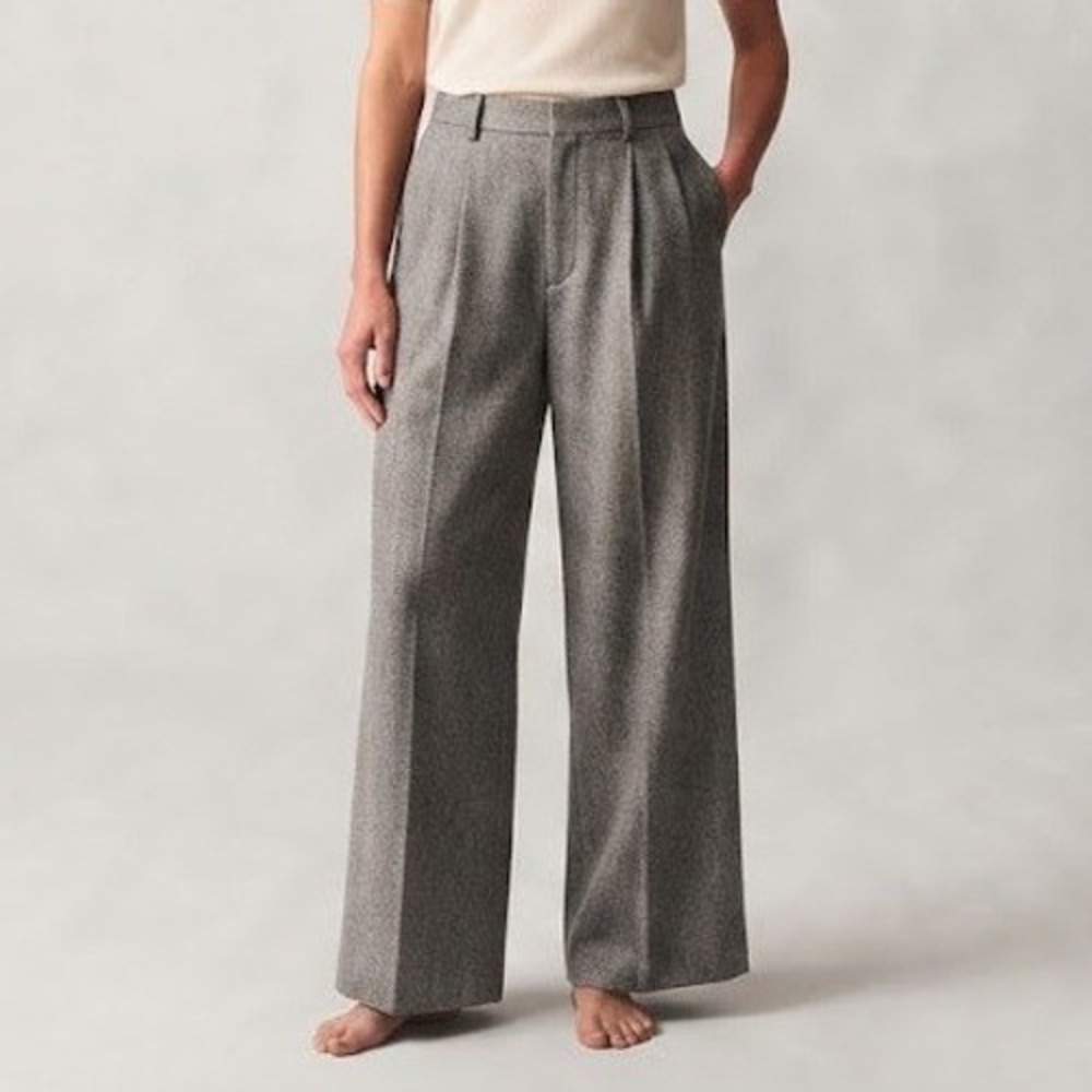 Banana Republic Wide Leg Trouser Pants Women 14 Grey Herringbone Wool Blend